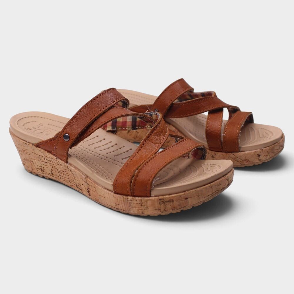 Crocs A-Leigh Mini Wedge Womens 7 Brown Leather Cork Comfort Slide Sandals 11847